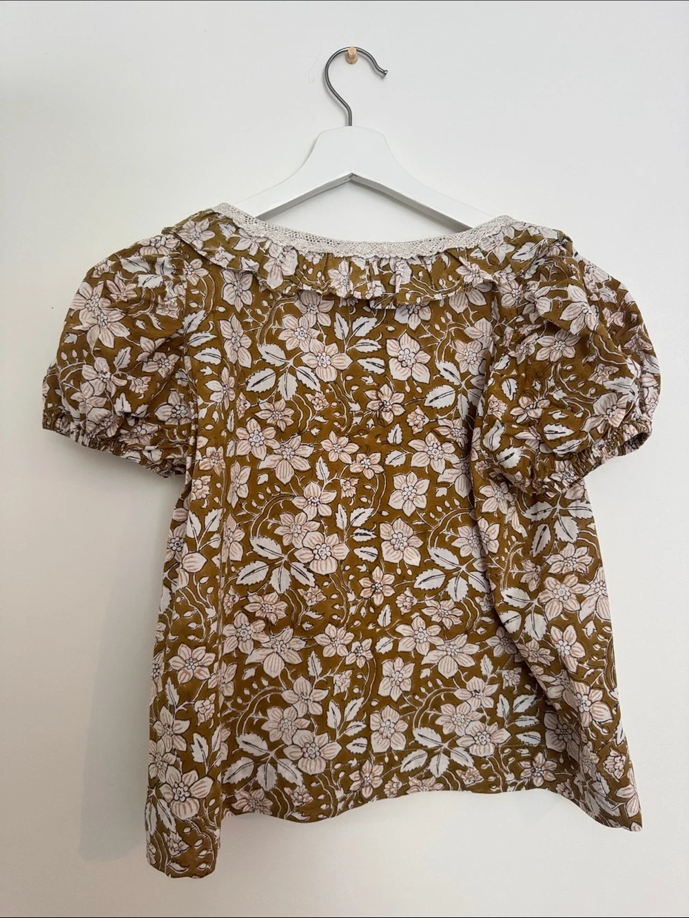 OOAK Mustard Floral Puff-Sleeve Cotton Blouse
